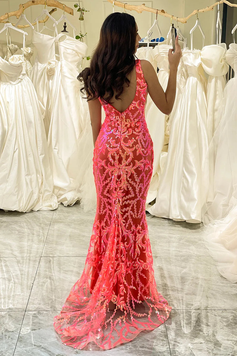 Wholesale Sparkly Coral Mermaid V-Neck Long Corset Prom Dress With Sequin prom dresses with long sleeves